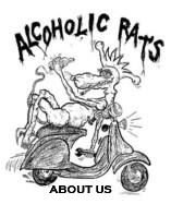 picture of a rat lying on a scooter holding a bottle with the title about us, alcoholic rats
